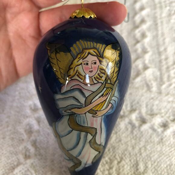 Vintage Hand-Painted Glass Angel Teardrop Ornament Navy Blue Cone 4.5" - Picture 2 of 7
